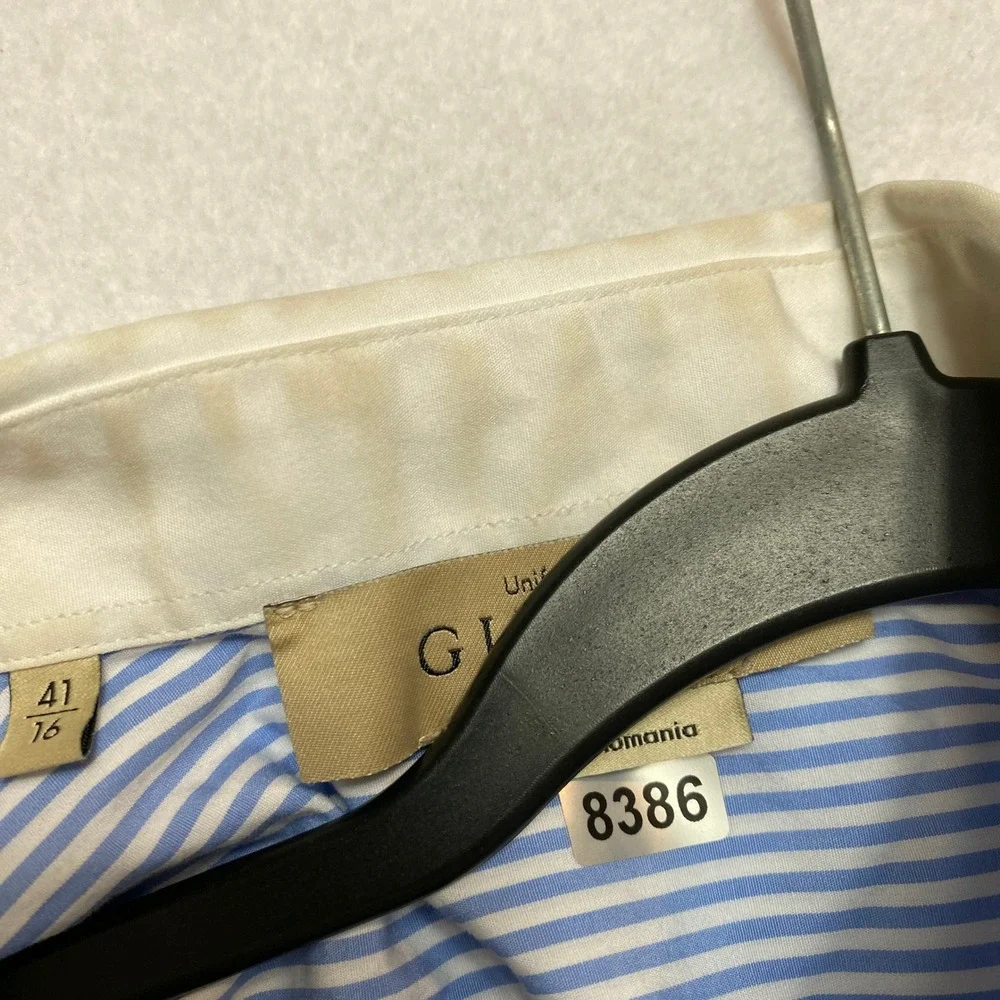 GUCCI Uniform Shirt Mens 16 Blue Long Sleeve White Collar Button Down Stripe